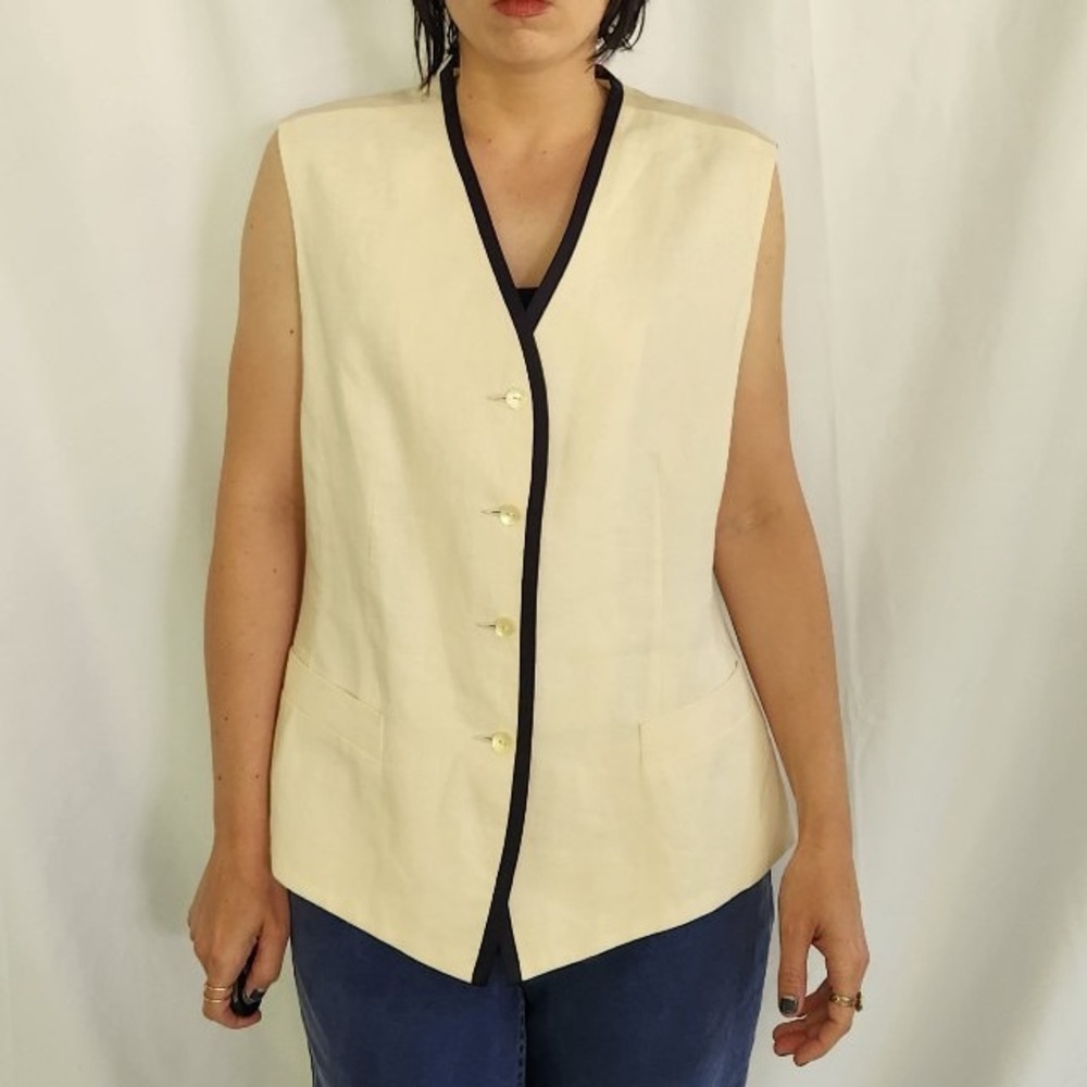 90s Laura Ashley Cream and Navy‎ Linen Vest